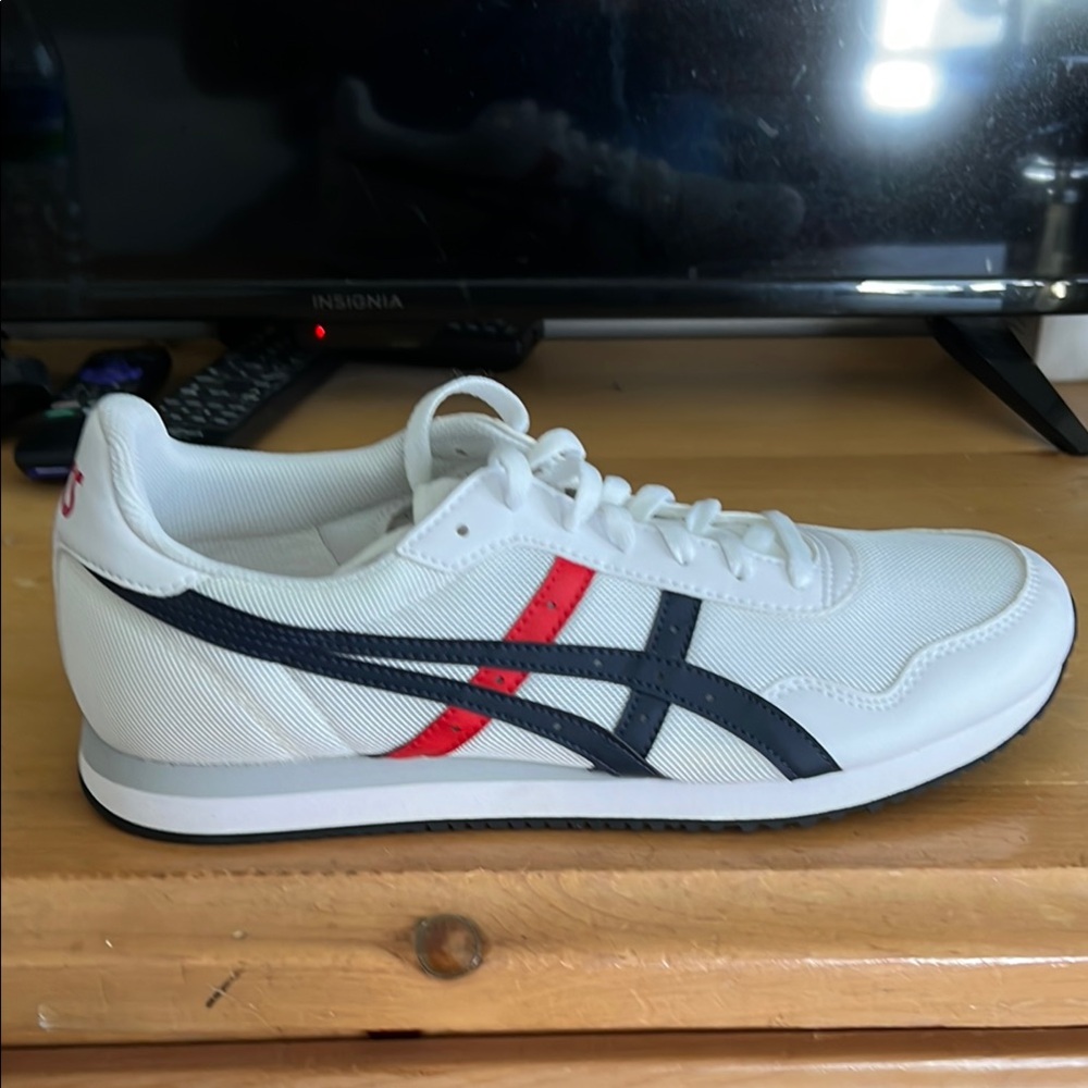 White mens Asics Sneakers with Blue and Red Stripes